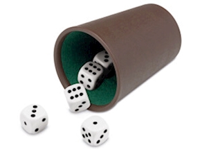 CUBILETE FORRADO Y 5 DADOS DE PUNTOS DE 16 MM.